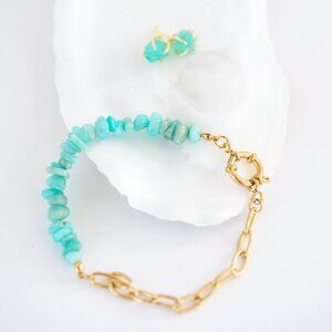 Amazonite Jewelry Set Raw Stud Earrings & Gold Beaded Chunky Bracelet PRETTY